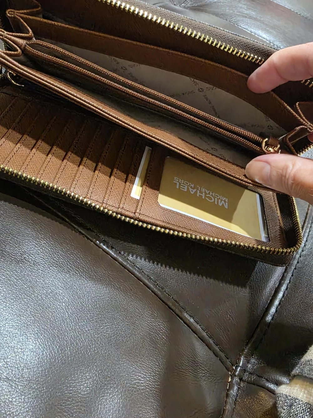 Michael Kors Brown Leather Zip Wallet with Gold Hardware Wristlet